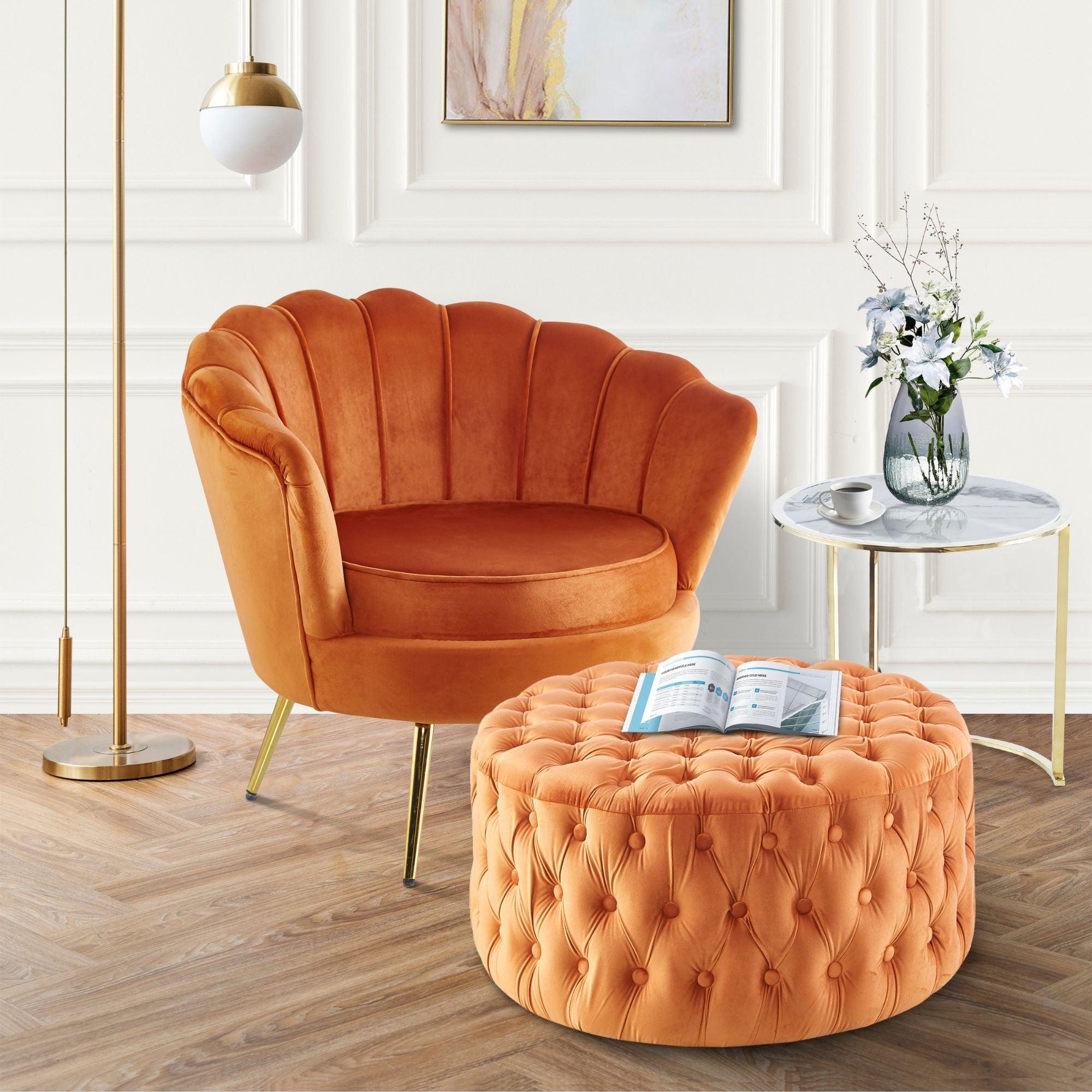 Cosmos Tufted Velvet Fabric Round Ottoman Footstools - Cinnamon - John Cootes