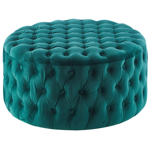 Cosmos Tufted Velvet Fabric Round Ottoman Footstools - Green - John Cootes