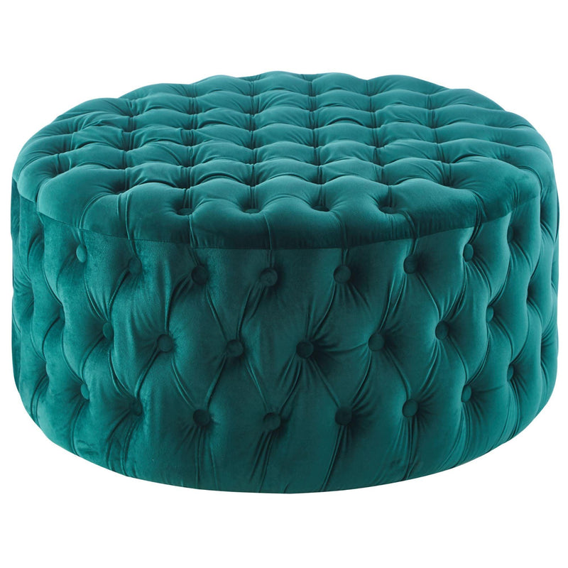Cosmos Tufted Velvet Fabric Round Ottoman Footstools - Green - John Cootes