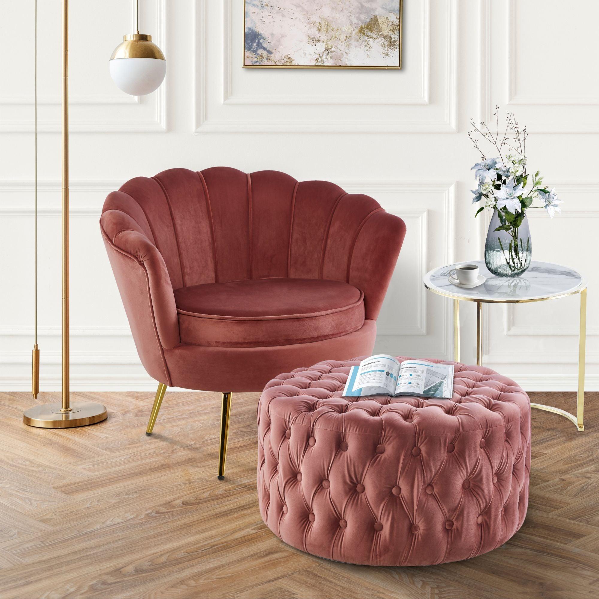 Cosmos Tufted Velvet Fabric Round Ottoman Footstools - Rose Pink - John Cootes