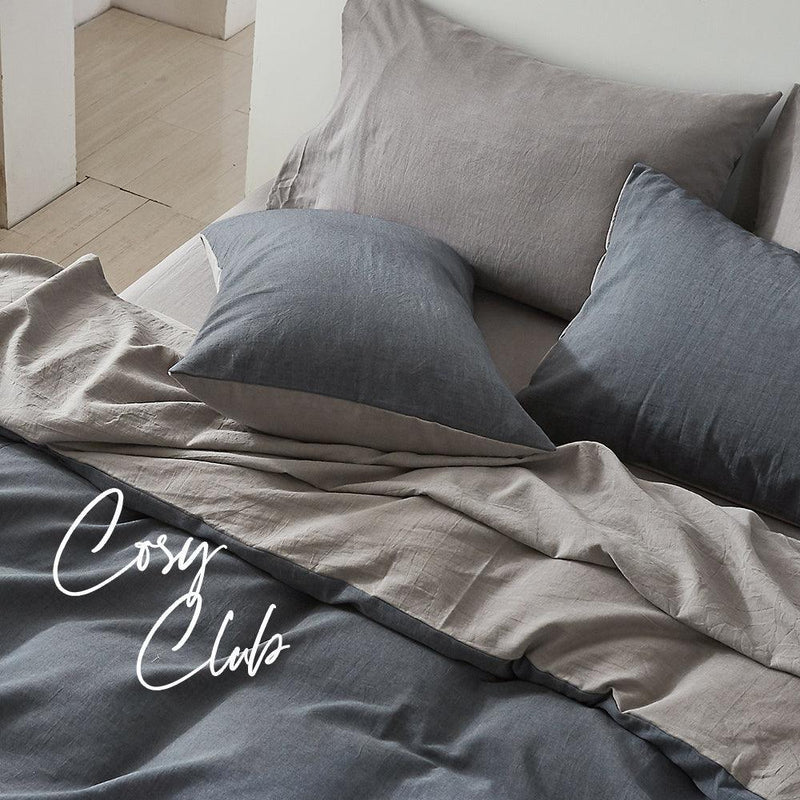 Cosy Club Quilt Cover Set Cotton Duvet Double Blue Dark Grey - John Cootes