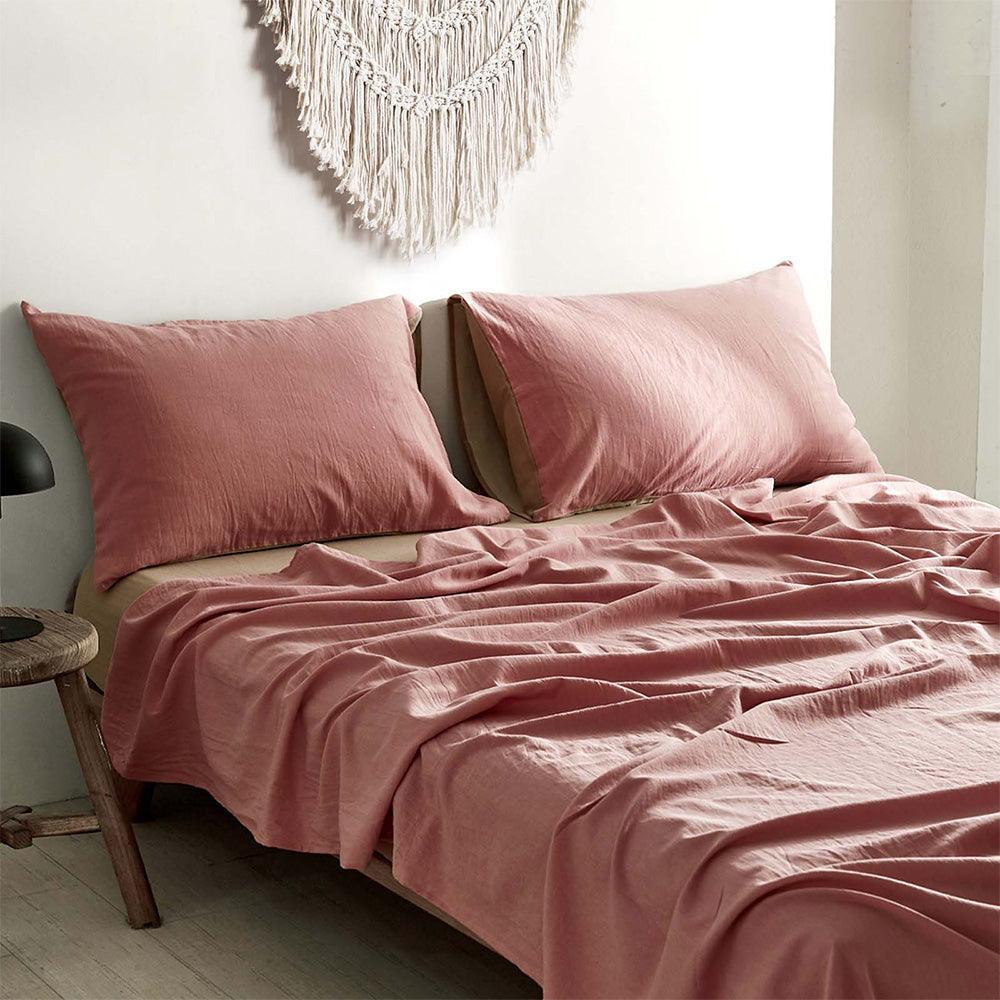 Cosy Club Sheet Set Bed Sheets Set King Flat Cover Pillow Case Pink Brown - John Cootes