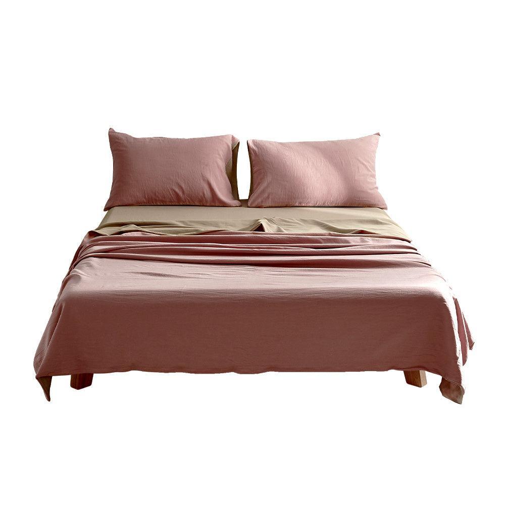 Cosy Club Sheet Set Bed Sheets Set King Flat Cover Pillow Case Pink Brown - John Cootes