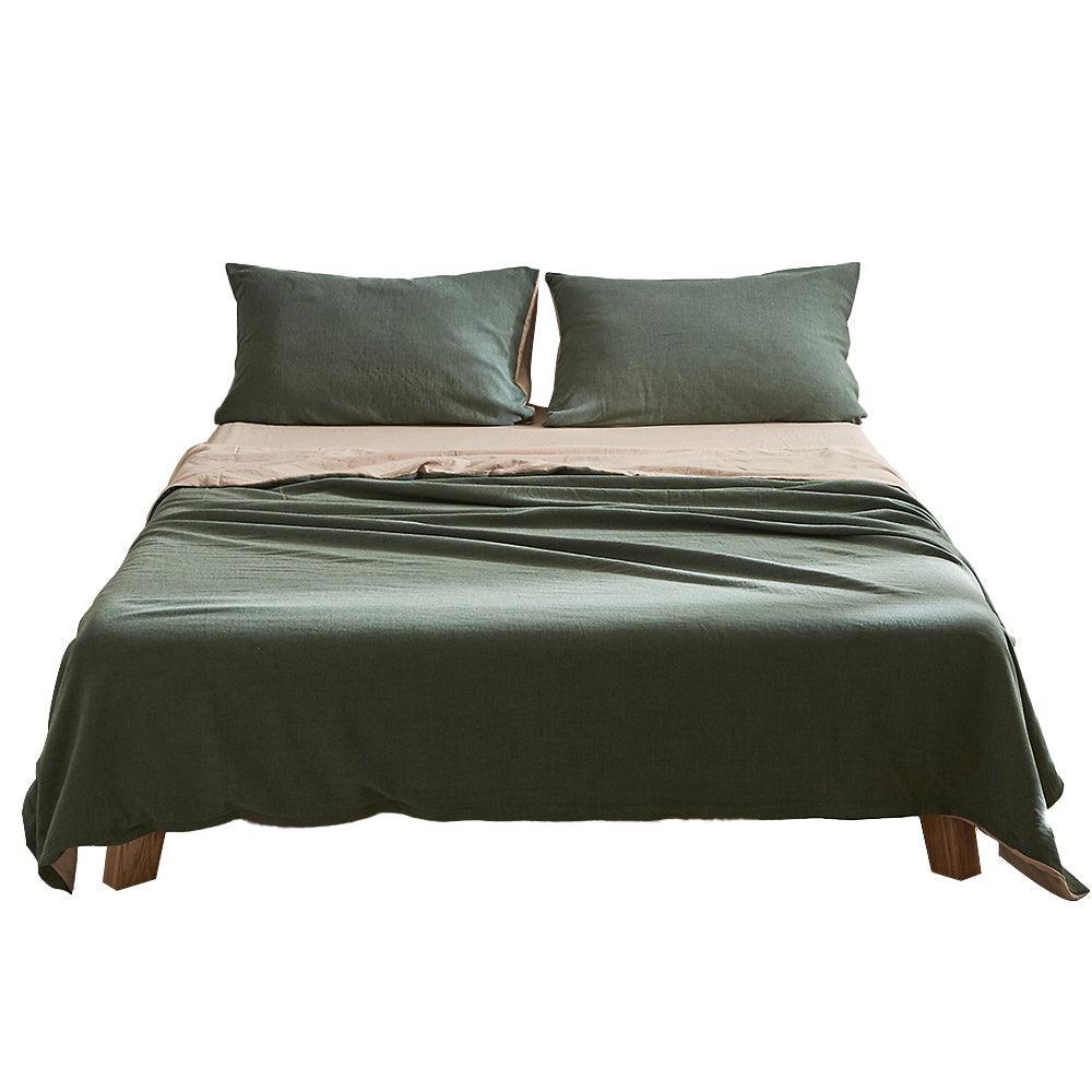 Cosy Club Sheet Set Cotton Sheets Queen Green Beige - John Cootes