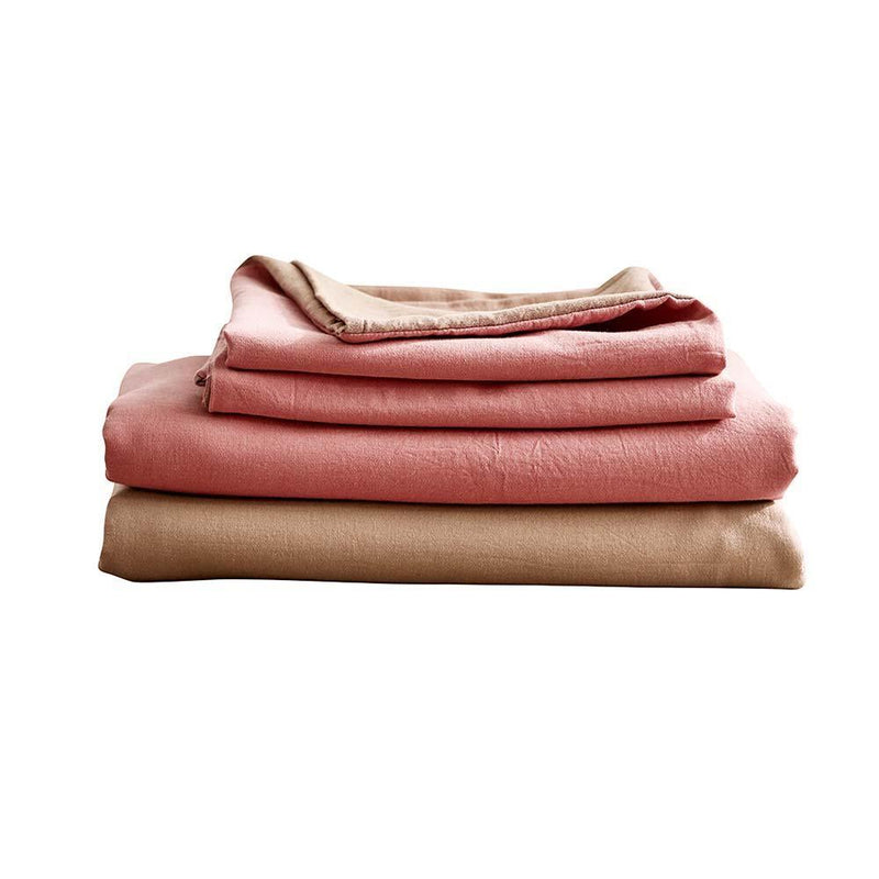 Cosy Club Washed Cotton Sheet Set Pink Brown Double - John Cootes