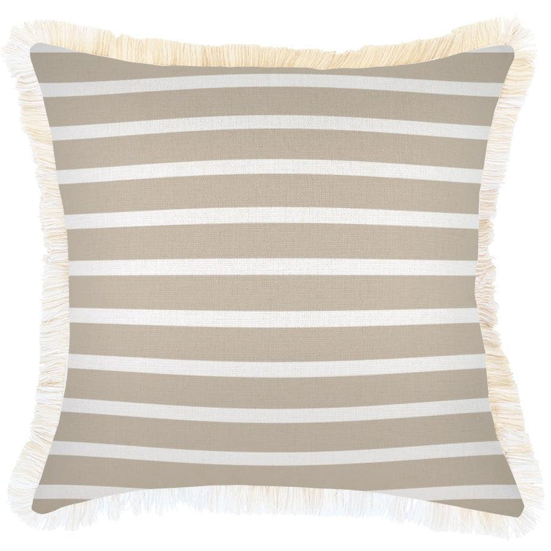 Cushion Cover-Coastal Fringe-Hampton Stripe Beige-45cm x 45cm - John Cootes