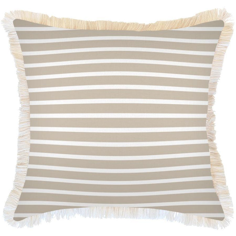 Cushion Cover-Coastal Fringe-Hampton Stripe Beige-60cm x 60cm - John Cootes