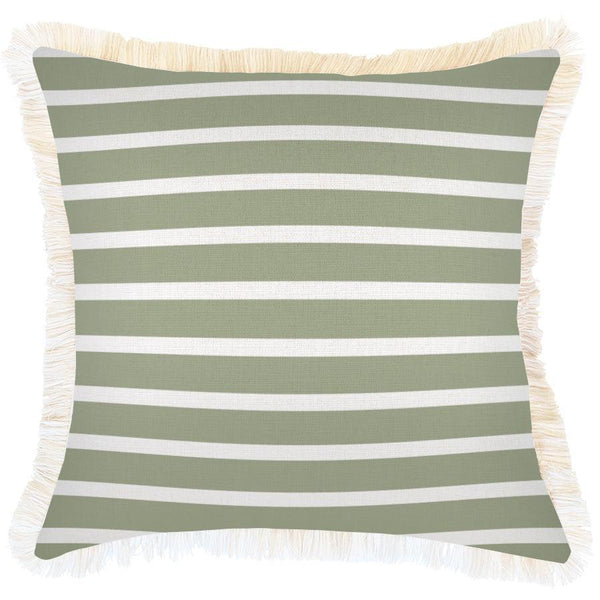 Cushion Cover-Coastal Fringe-Hampton Stripe Sage-45cm x 45cm - John Cootes