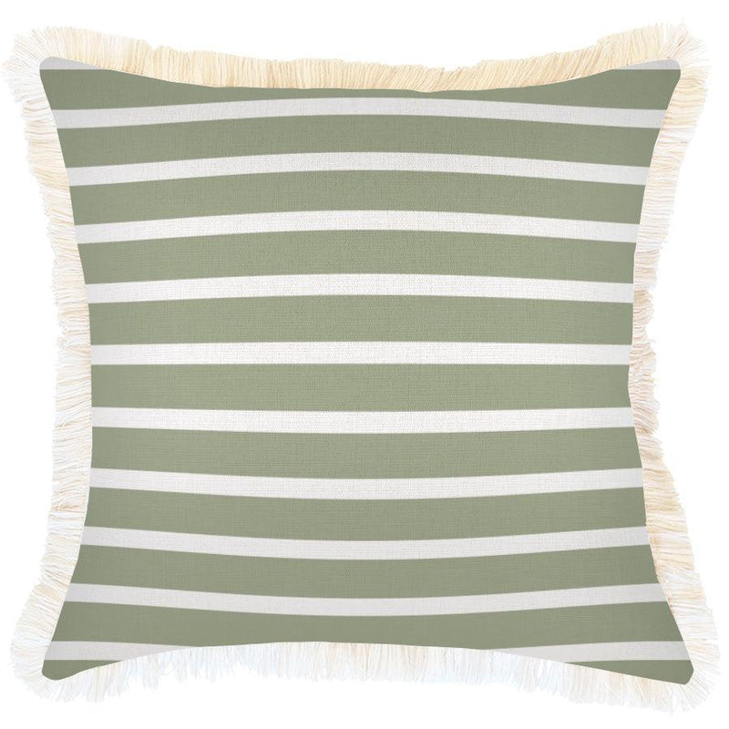 Cushion Cover-Coastal Fringe-Hampton Stripe Sage-45cm x 45cm - John Cootes