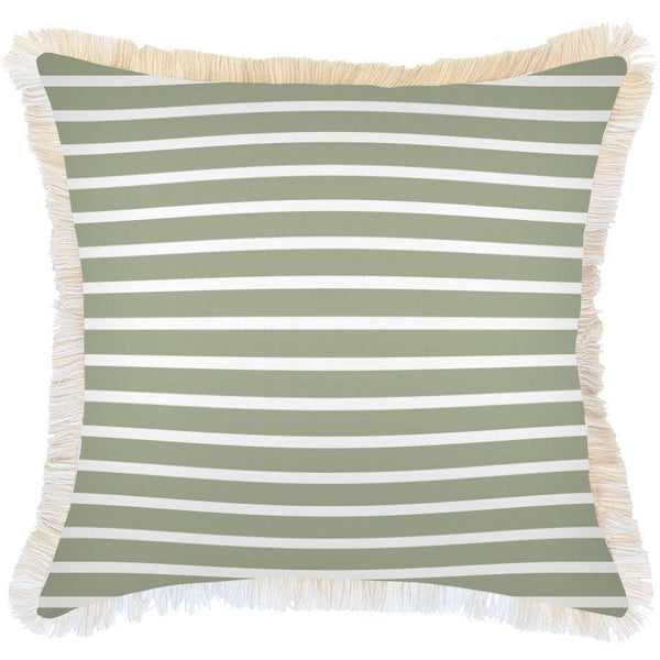 Cushion Cover-Coastal Fringe-Hampton Stripe Sage-60cm x 60cm - John Cootes