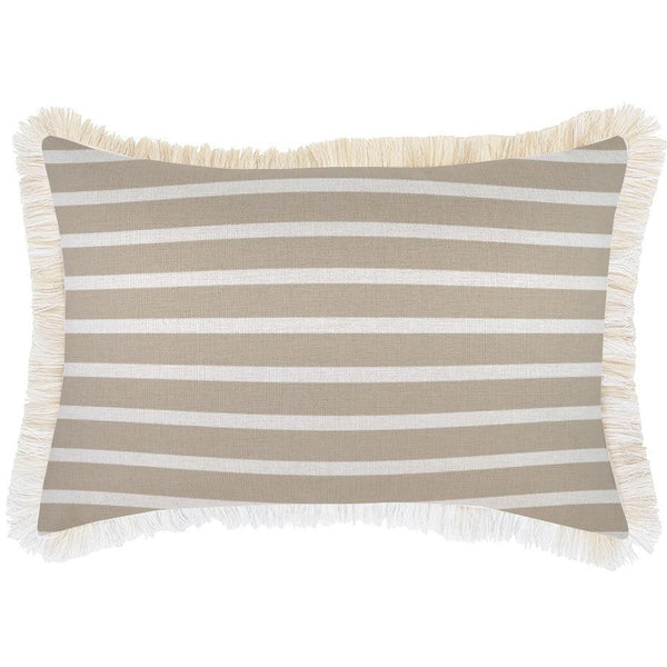 Cushion Cover-Coastal Fringe Natural-Hampton Stripe Beige-35cm x 50cm - John Cootes