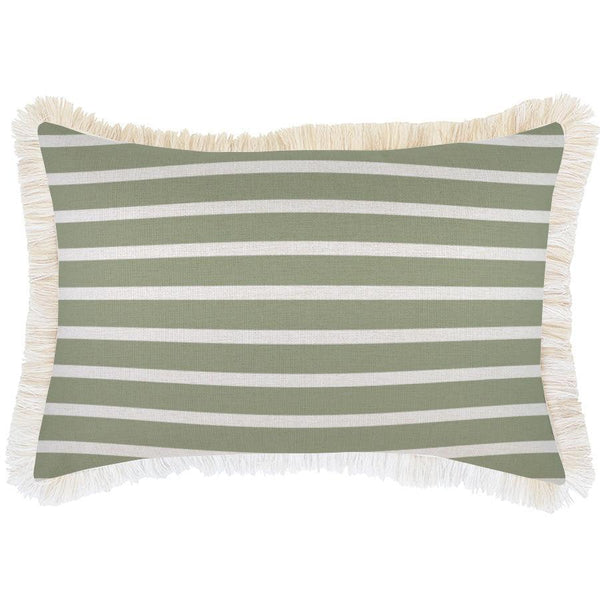 Cushion Cover-Coastal Fringe Natural-Hampton Stripe Sage-35cm x 50cm - John Cootes