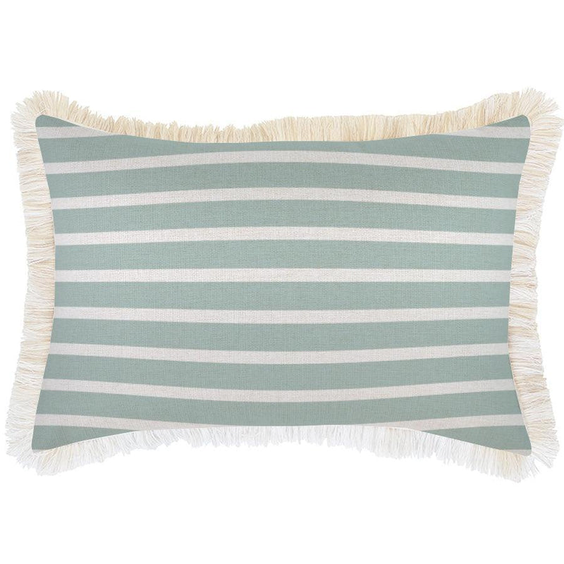 Cushion Cover-Coastal Fringe Natural-Hampton Stripe Seafoam-35cm x 50cm - John Cootes