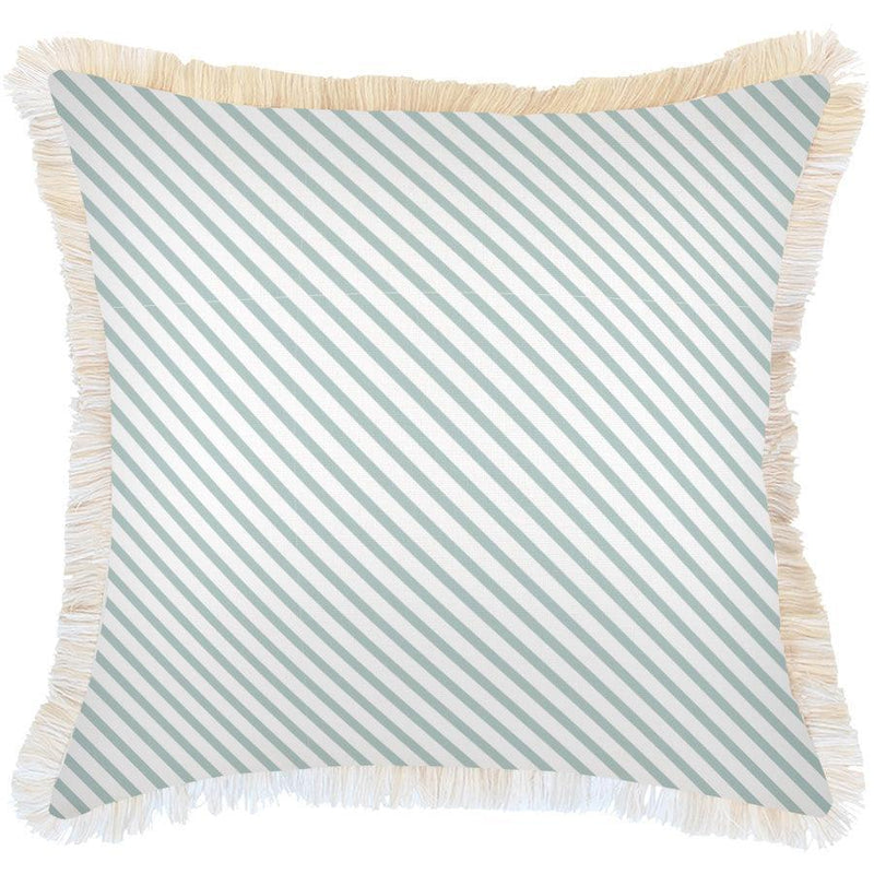 Cushion Cover-Coastal Fringe Natural-Side Stripe Seafoam-60cm x 60cm - John Cootes