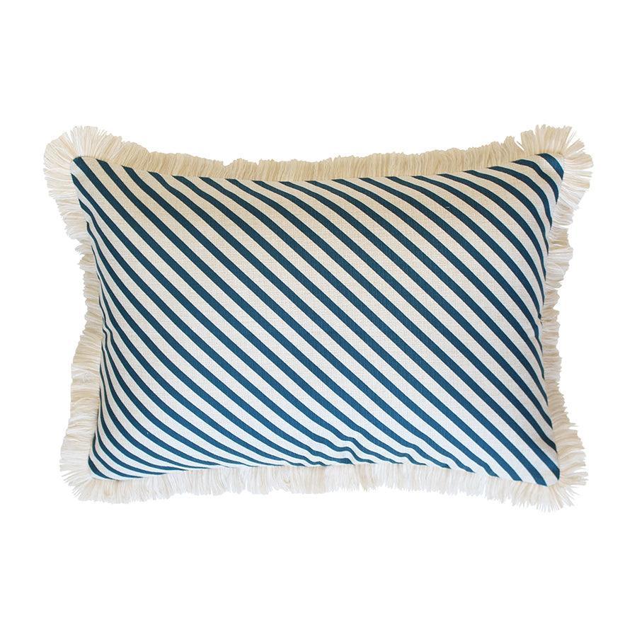 Cushion Cover-Coastal Fringe Natural-Side Stripe Teal-35cm x 50cm - John Cootes