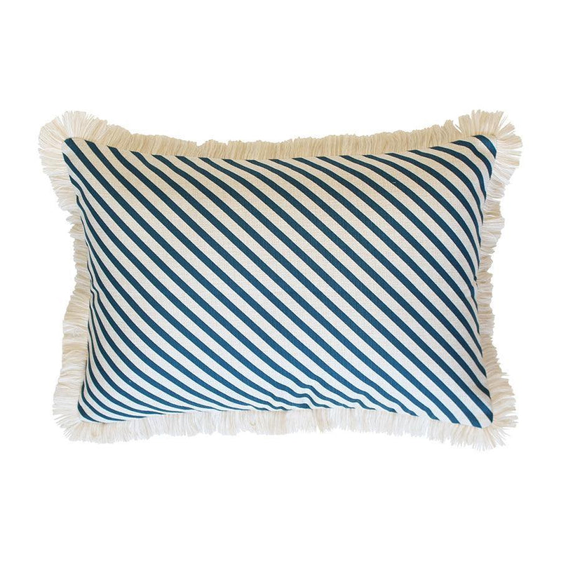 Cushion Cover-Coastal Fringe Natural-Side Stripe Teal-35cm x 50cm - John Cootes