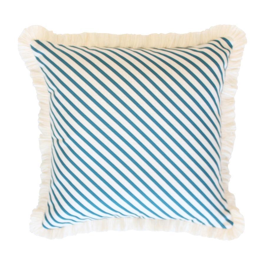 Cushion Cover-Coastal Fringe Natural-Side Stripe Teal-45cm x 45cm - John Cootes