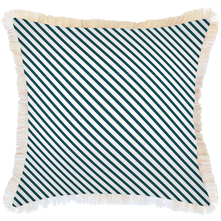 Cushion Cover-Coastal Fringe Natural-Side Stripe Teal-60cm x 60cm - John Cootes