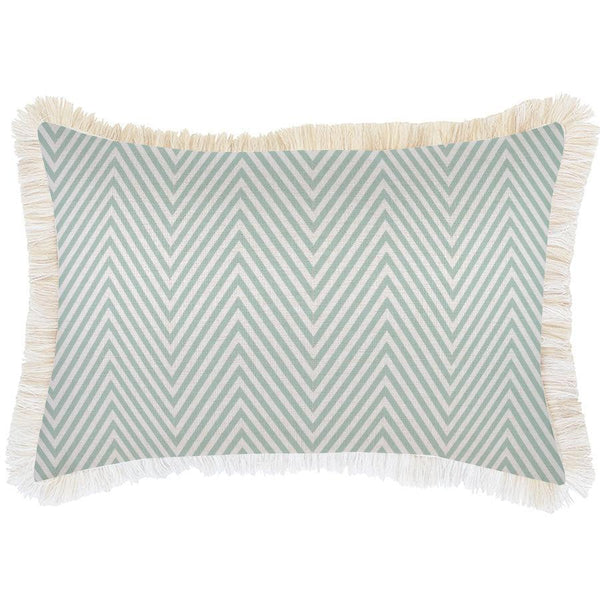 Cushion Cover-Coastal Fringe Natural-Zig Zag Pale Mint-35cm x 50cm - John Cootes