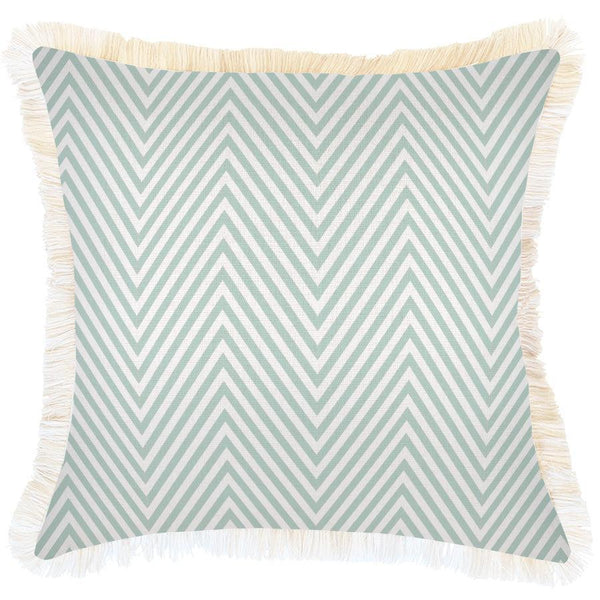 Cushion Cover-Coastal Fringe Natural-Zig Zag Pale Mint-45cm x 45cm - John Cootes