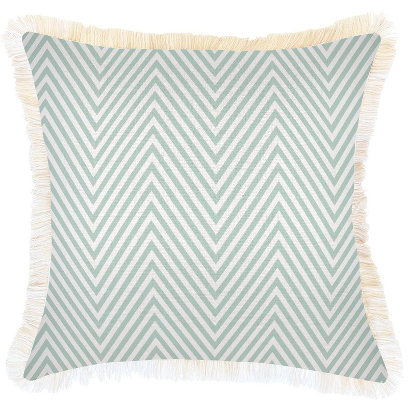 Cushion Cover-Coastal Fringe Natural-Zig Zag Pale Mint-45cm x 45cm - John Cootes