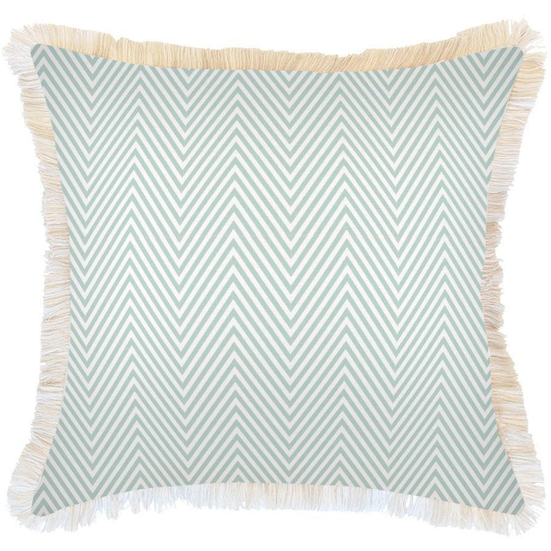 Cushion Cover-Coastal Fringe Natural-Zig Zag Pale Mint-60cm x 60cm - John Cootes