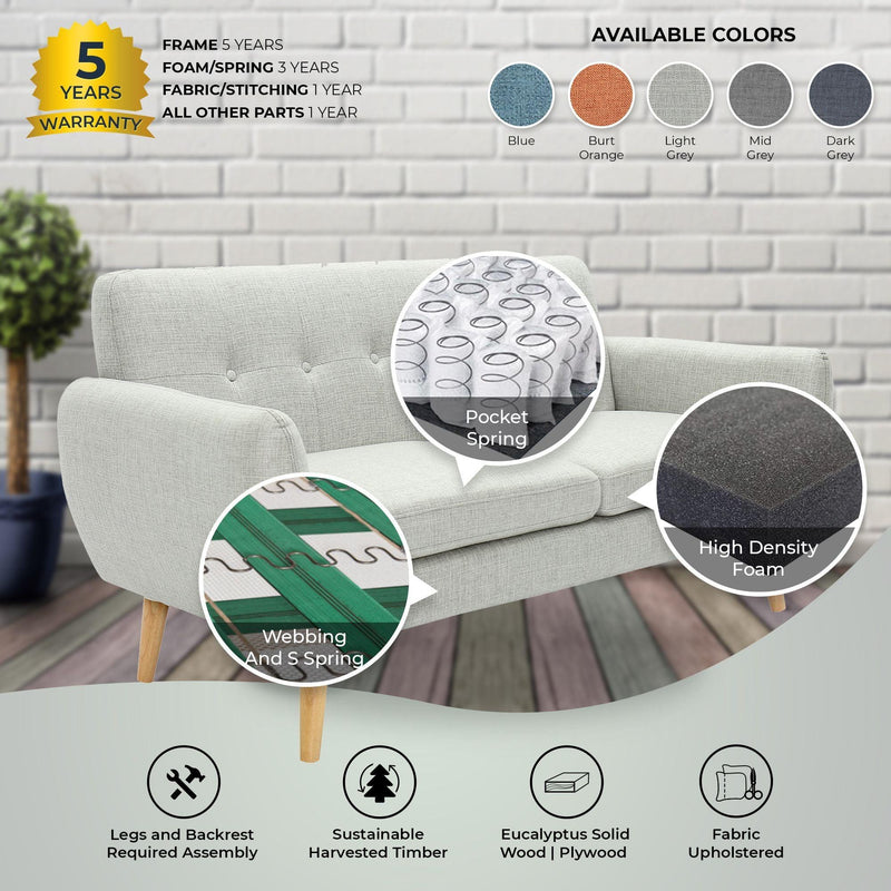 Dane 3 + 1 + 1 Seater Fabric Upholstered Sofa Armchair Lounge Couch - Light Grey - John Cootes