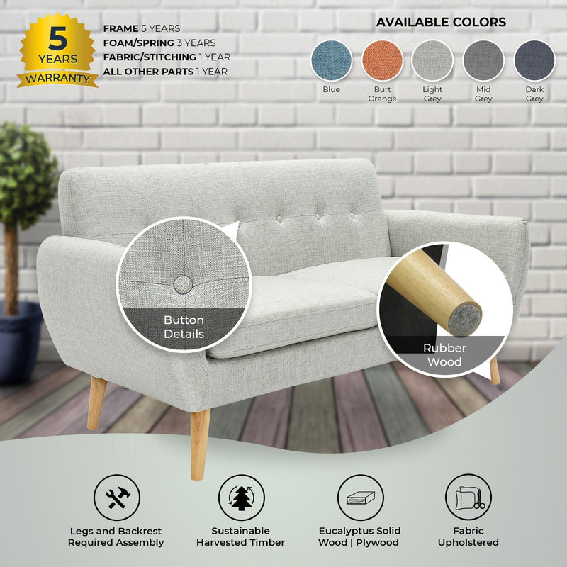 Dane 3 Seater Fabric Upholstered Sofa Lounge Couch - Light Grey - John Cootes