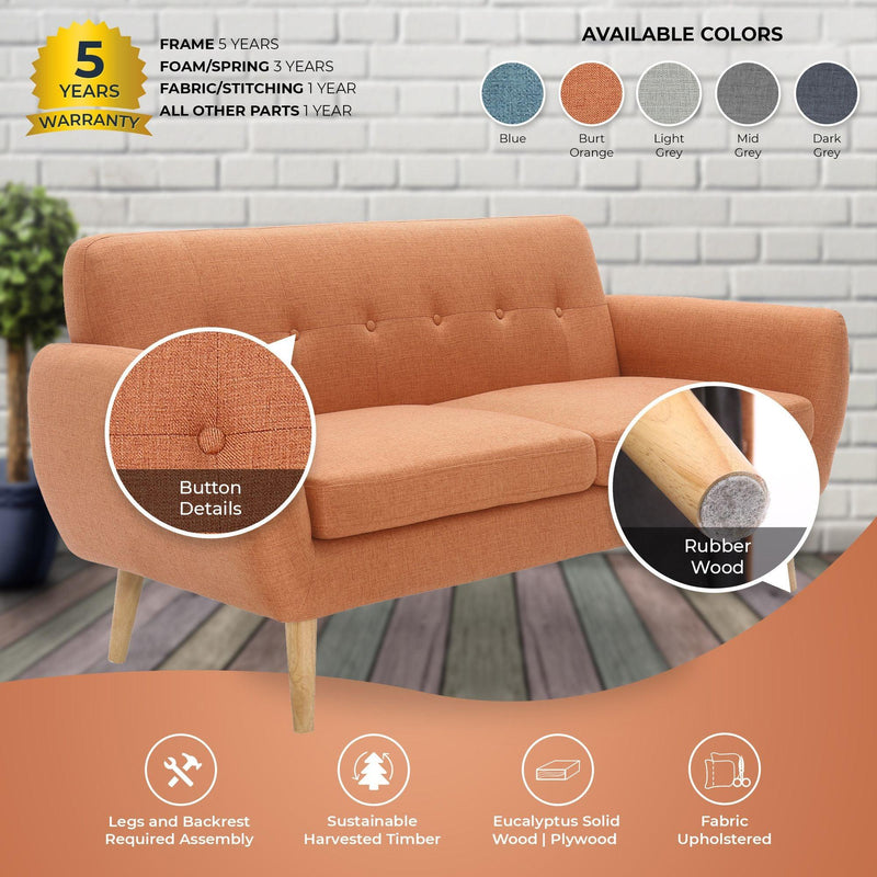 Dane 3 Seater Fabric Upholstered Sofa Lounge Couch - Orange - John Cootes