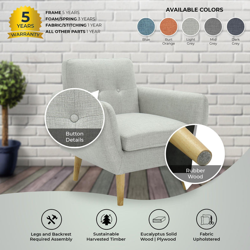 Dane Single Seater Fabric Upholstered Sofa Armchair Lounge Couch - Light Grey - John Cootes