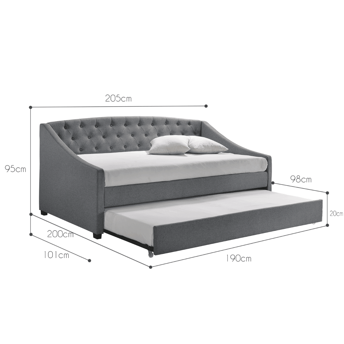 Daybed with trundle bed frame fabric upholstery - grey - John Cootes