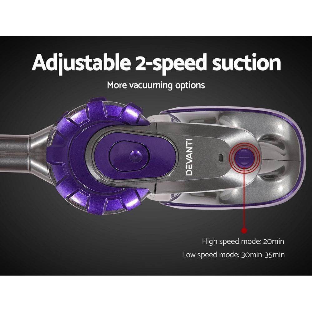 Devanti 150W Stick Handstick Handheld Cordless Vacuum Cleaner 2-Speed with Headlight Purple - John Cootes