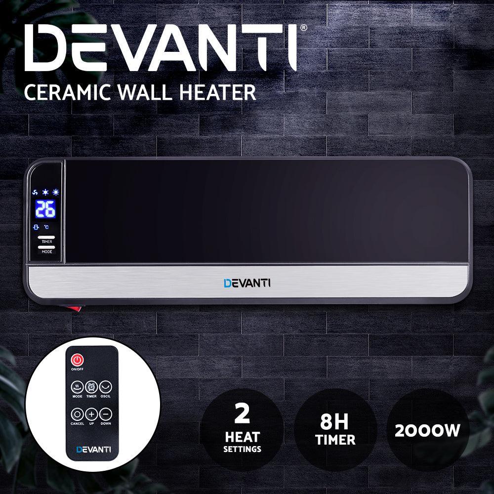 Devanti 2000W Wall Mounted Panel Heater - Black - John Cootes