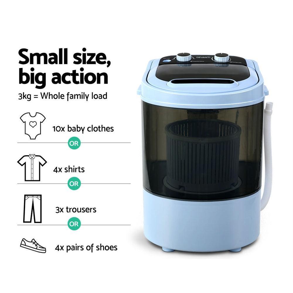 Devanti 3KG Mini Portable Washing Machine Shoes Wash Top Load Spin Camp Caravan - John Cootes