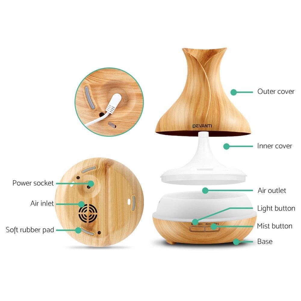 Devanti 400ml 4 in 1 Aroma Diffuser remote control - Light Wood - John Cootes