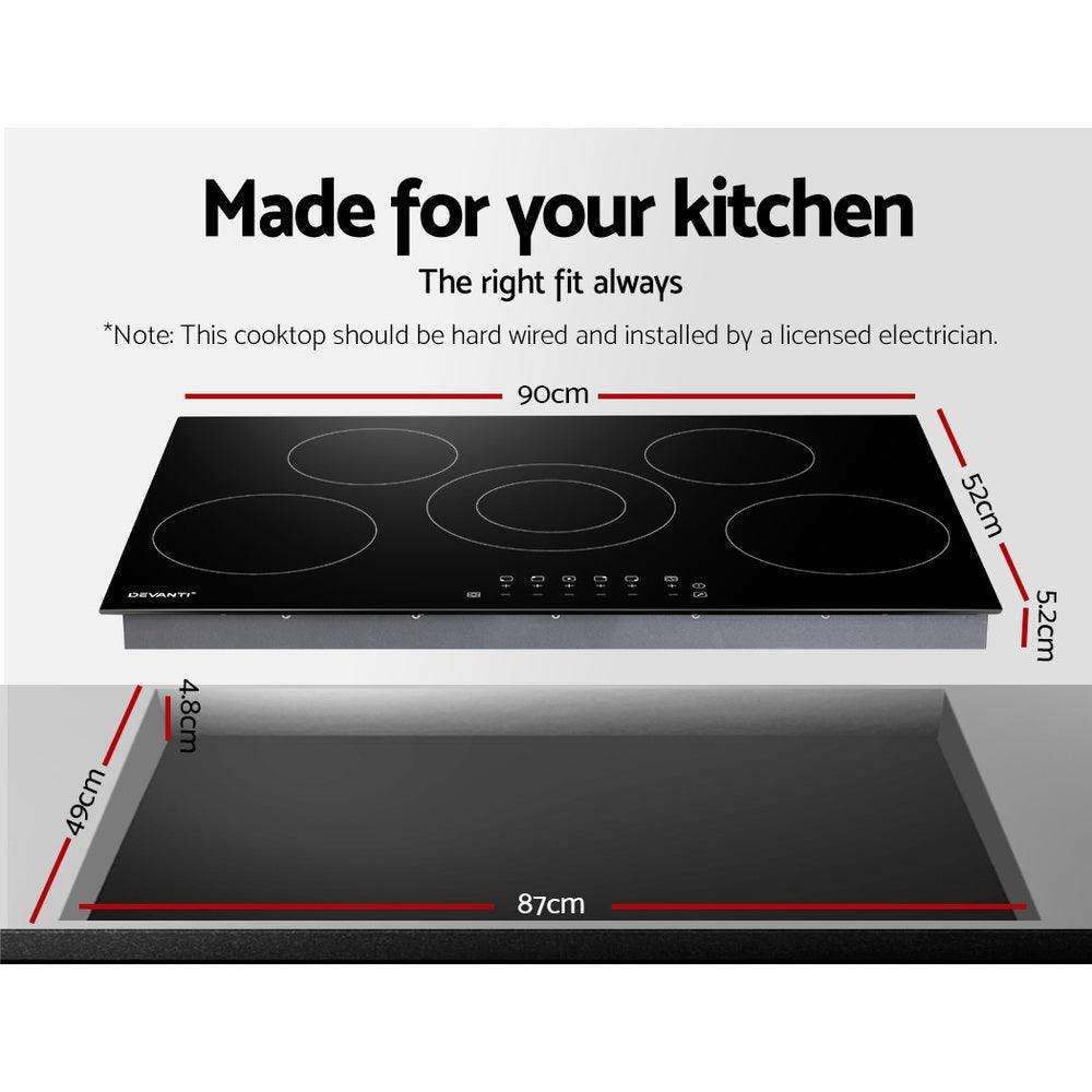 Devanti 90cm Ceramic Cooktop Electric Cook Top 5 Burner Stove Hob Touch Control 6-Zones - John Cootes