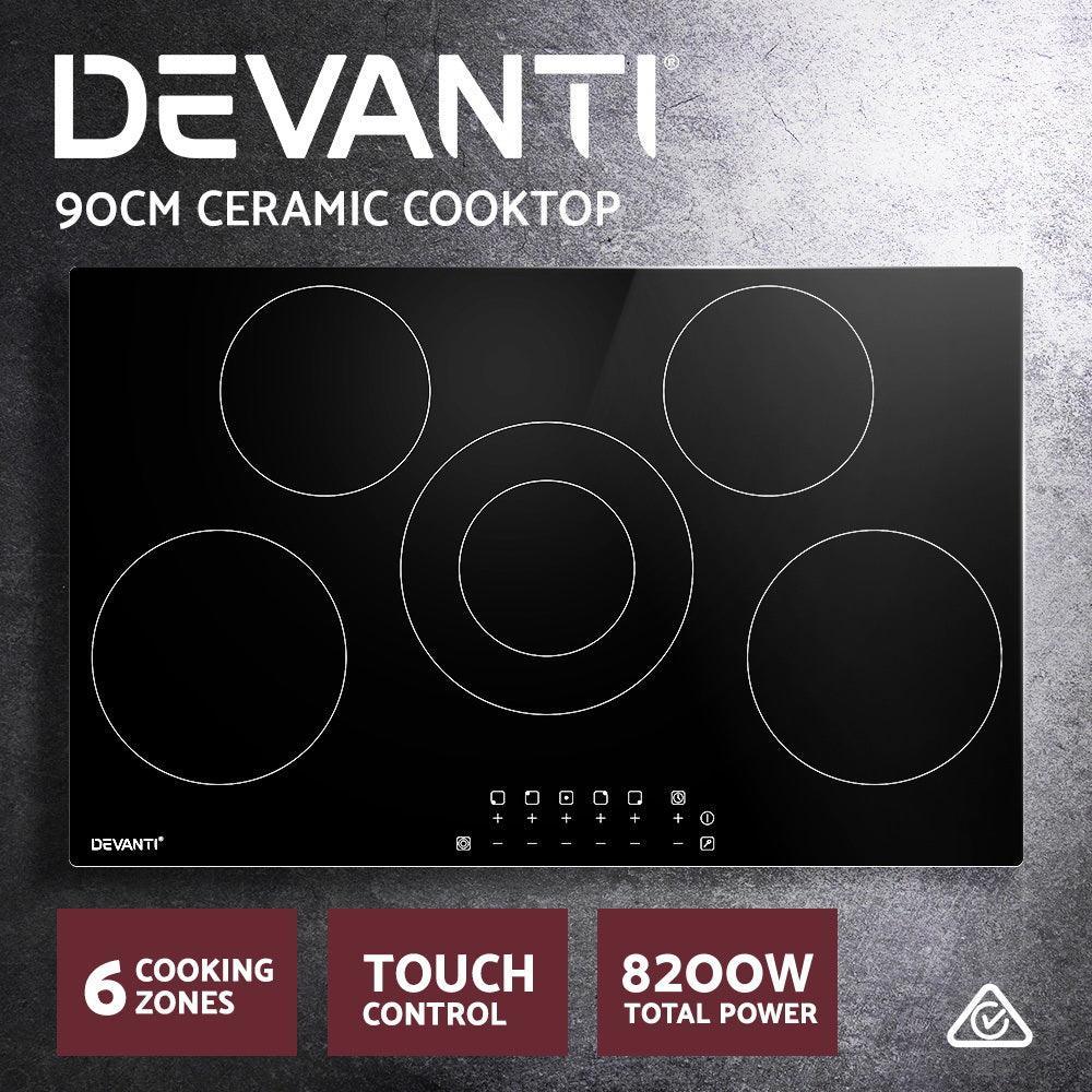 Devanti 90cm Ceramic Cooktop Electric Cook Top 5 Burner Stove Hob Touch Control 6-Zones - John Cootes