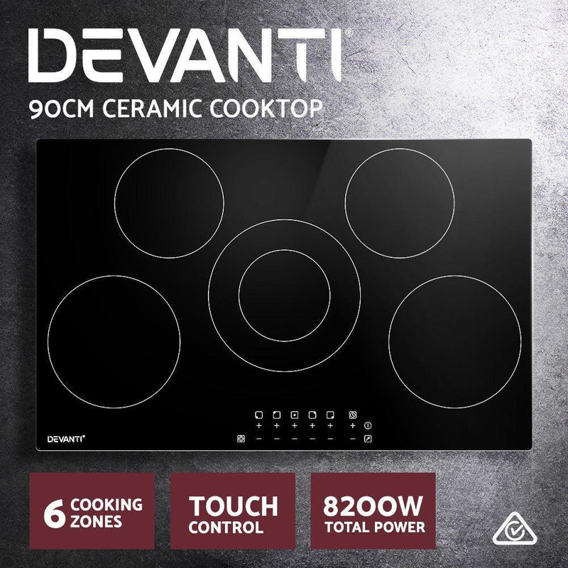 Devanti 90cm Ceramic Cooktop Electric Cook Top 5 Burner Stove Hob Touch Control 6-Zones - John Cootes