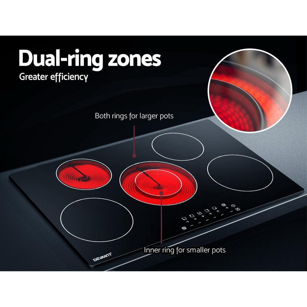 Devanti 90cm Ceramic Cooktop Electric Cook Top 5 Burner Stove Hob Touch Control 6-Zones - John Cootes