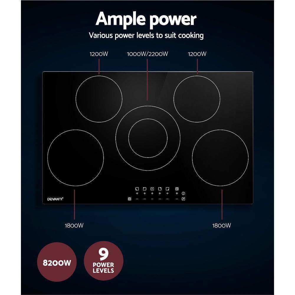 Devanti 90cm Ceramic Cooktop Electric Cook Top 5 Burner Stove Hob Touch Control 6-Zones - John Cootes