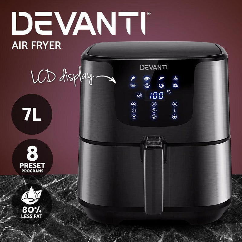 Devanti Air Fryer 7L LCD Fryers Oven Airfryer Kitchen Healthy Cooker Stainless Steel - John Cootes