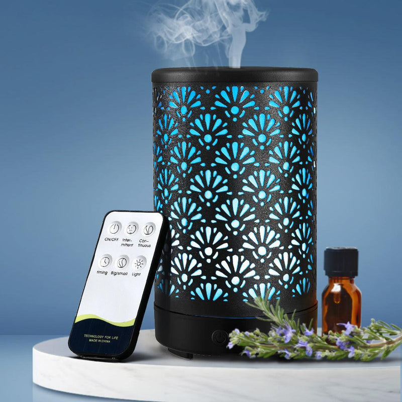 Devanti Aroma Diffuser Aromatherapy Essential Oils Metal Cover Ultrasonic Cool Mist 100ml Remote Control Black - John Cootes