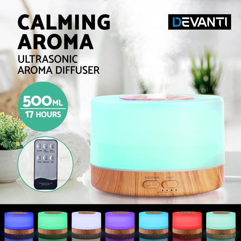 DEVANTI Aroma Diffuser Aromatherapy LED Night Light Air Humidifier Purifier Round Light Wood Grain 500ml Remote Control - John Cootes