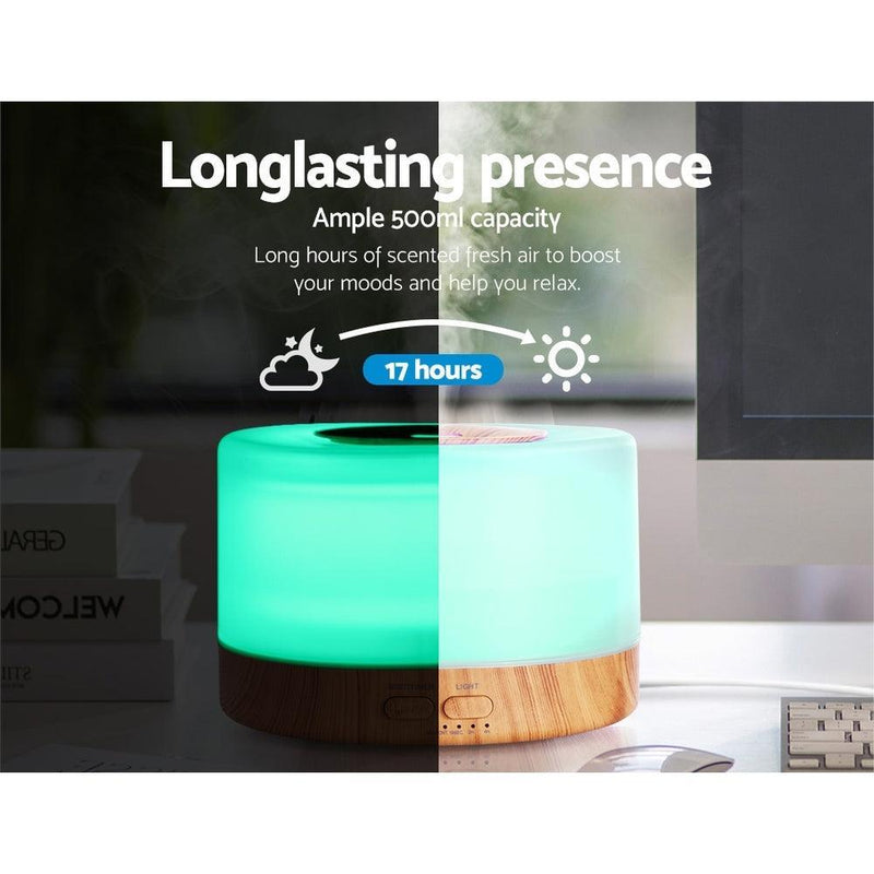 DEVANTI Aroma Diffuser Aromatherapy LED Night Light Air Humidifier Purifier Round Light Wood Grain 500ml Remote Control - John Cootes