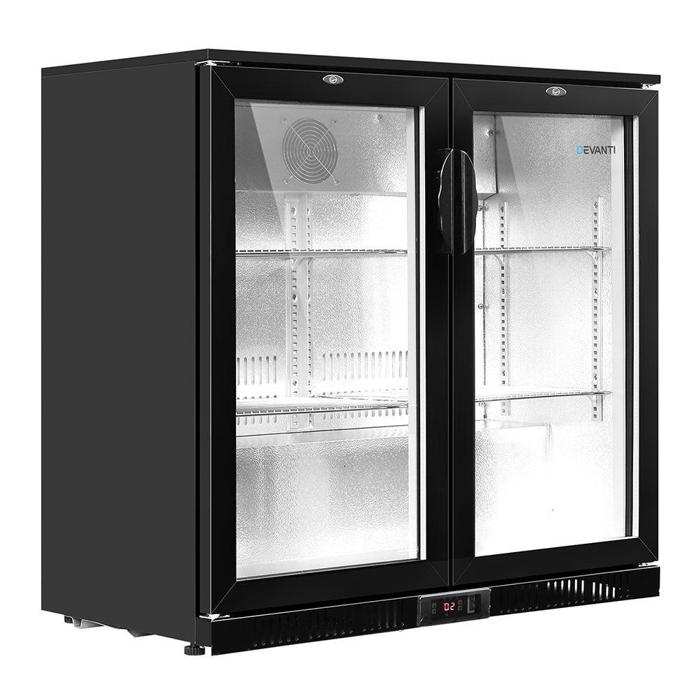 Devanti Bar Fridge 2 Glass Door Commercial Display Freeer Drink Beverage Cooler Black - John Cootes