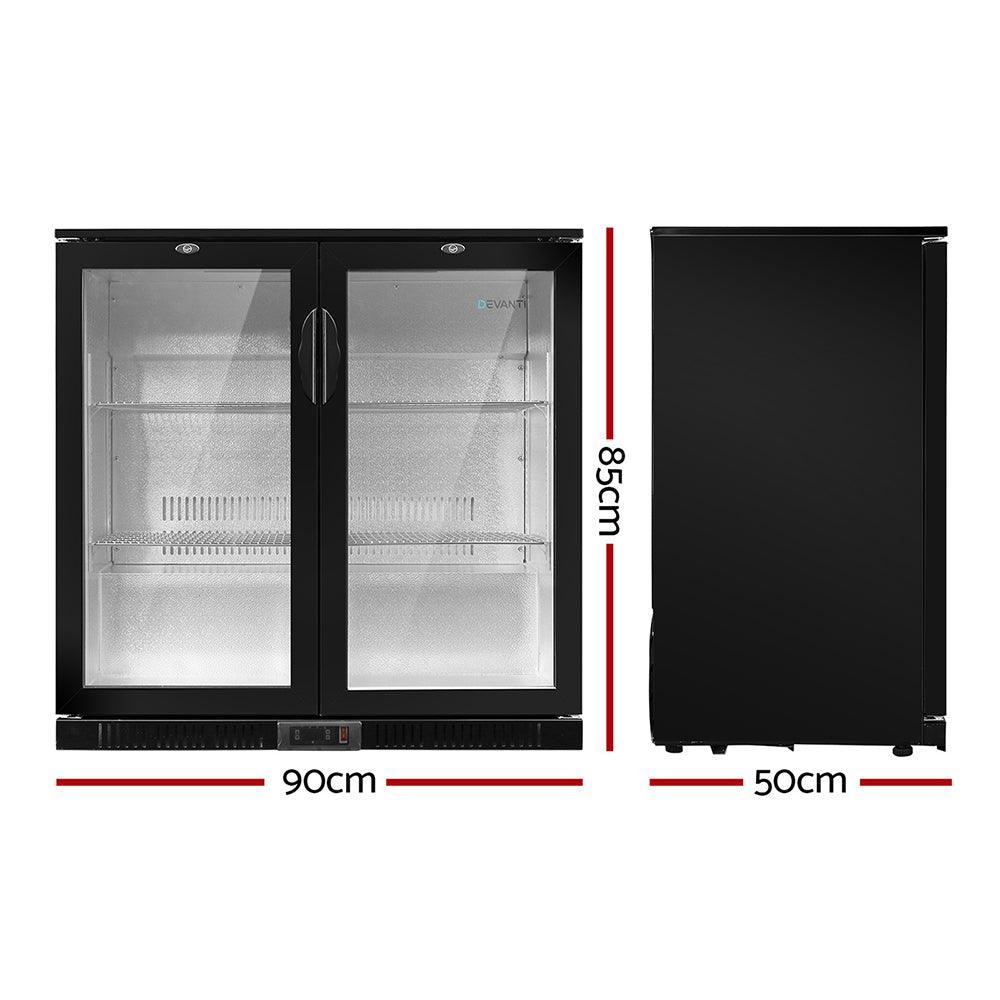 Devanti Bar Fridge 2 Glass Door Commercial Display Freeer Drink Beverage Cooler Black - John Cootes