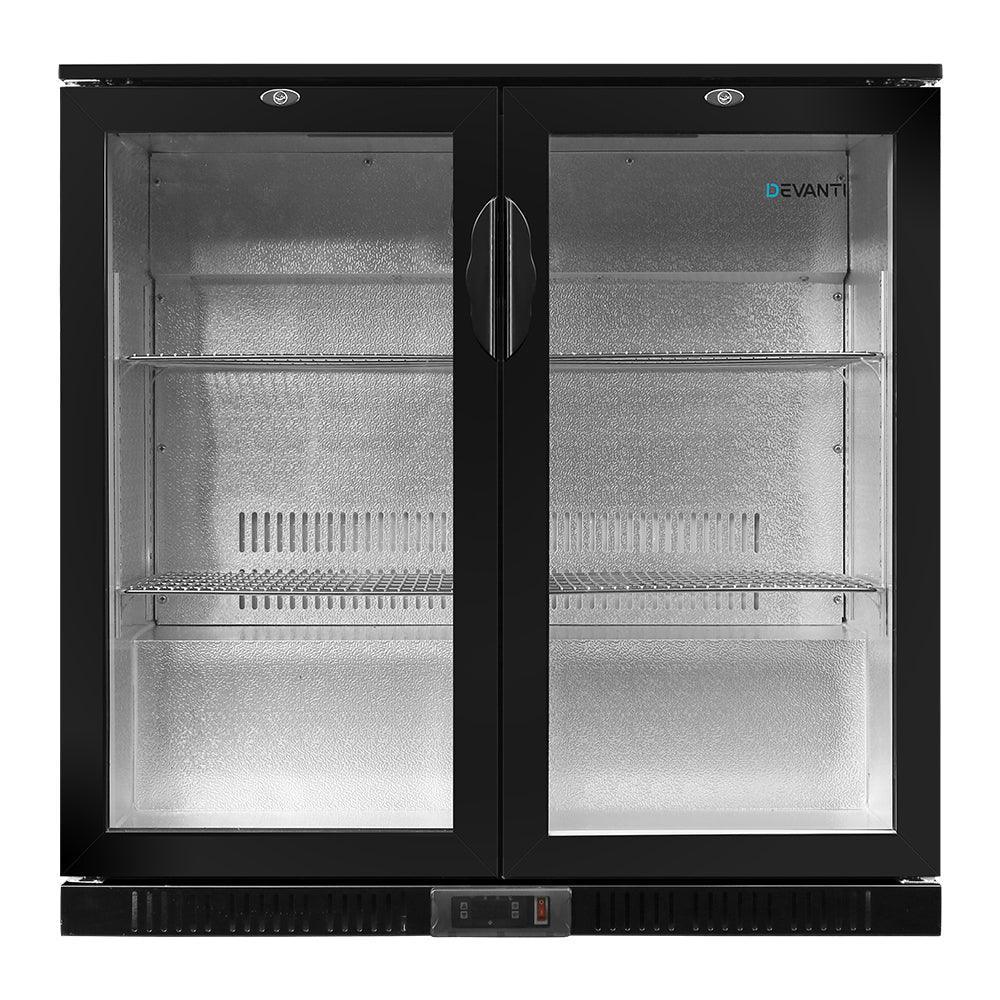 Devanti Bar Fridge 2 Glass Door Commercial Display Freeer Drink Beverage Cooler Black - John Cootes