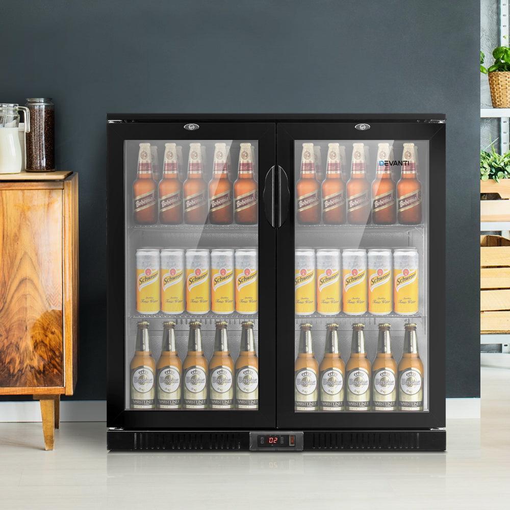 Devanti Bar Fridge 2 Glass Door Commercial Display Freeer Drink Beverage Cooler Black - John Cootes