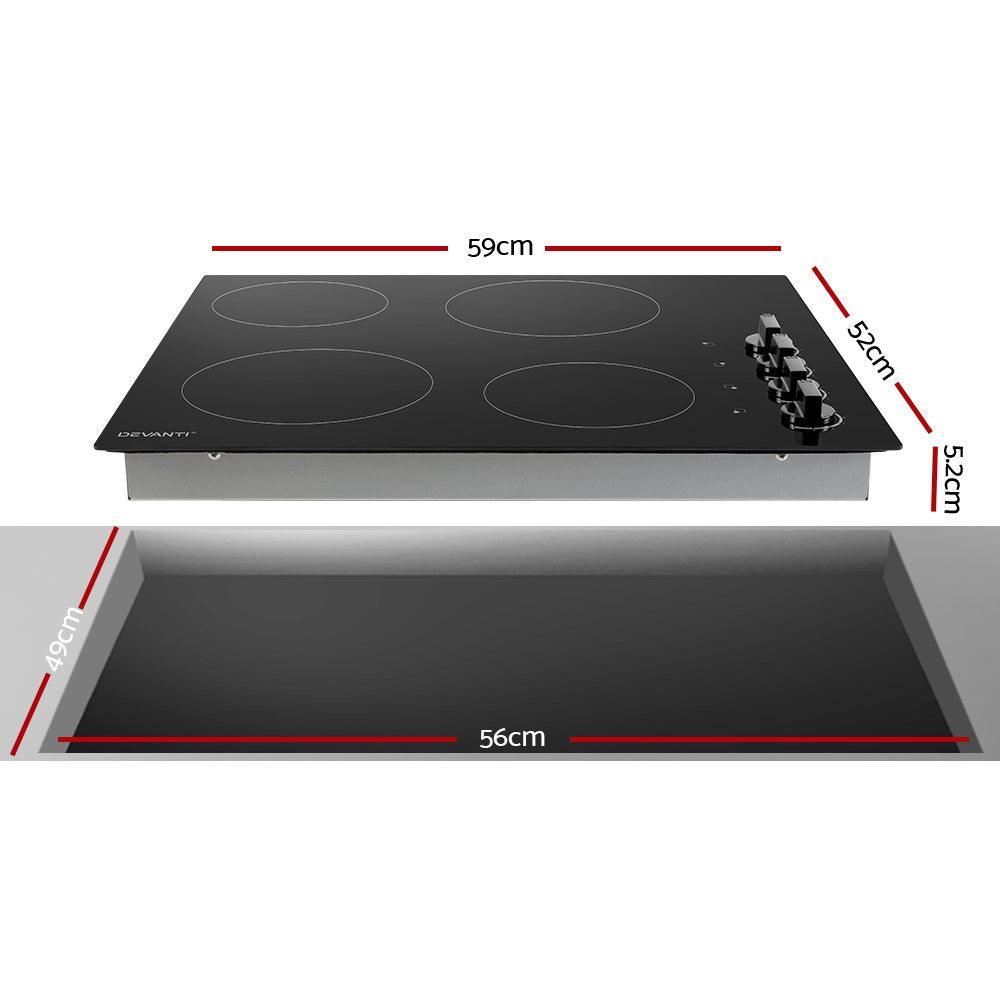 Devanti Ceramic Cooktop 60cm Electric Kitchen Burner Cooker 4 Zone Knobs Control - John Cootes