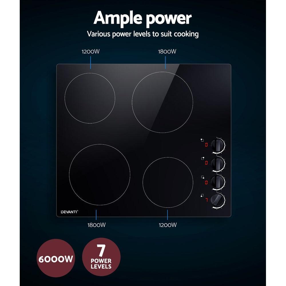 Devanti Ceramic Cooktop 60cm Electric Kitchen Burner Cooker 4 Zone Knobs Control - John Cootes